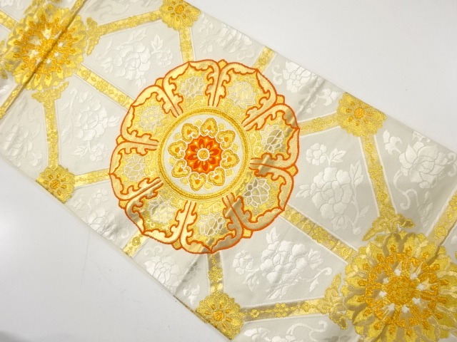 JAPANESE KIMONO / ANTIQUE FUKURO OBI / SILK / WOVEN FLORAL CREST